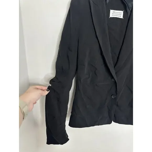 Maison Martin Margiela Italy Black Crepe Ruched Two Button Blazer EU Size 46